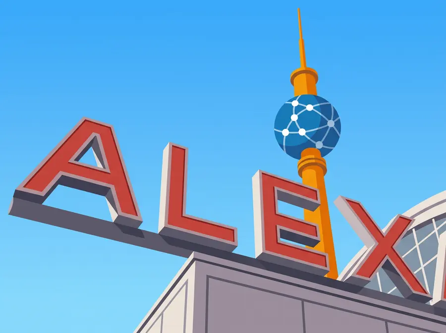 Das ALEX-Schild am Berliner Alexanderplatz mit dem Fernsehturm